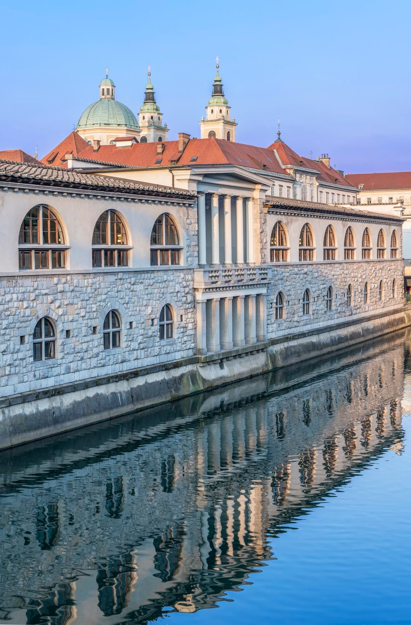 Ornate Building Reflected In River, Ljubljana, Central Slovenia, Slovenia