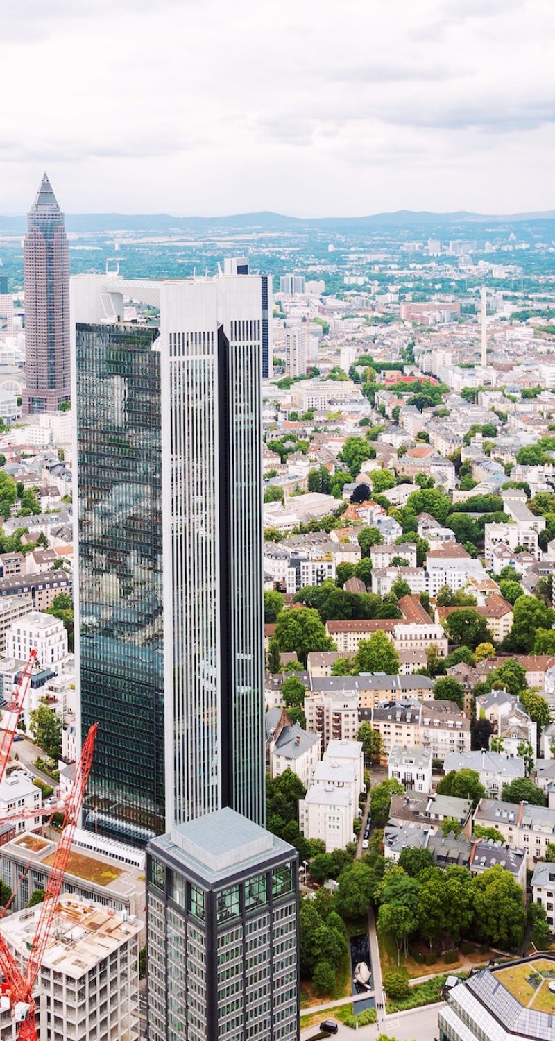 Aerial View Of Financial District In Frankfurt, Germany. Skyscrapers And High Rise Architecture