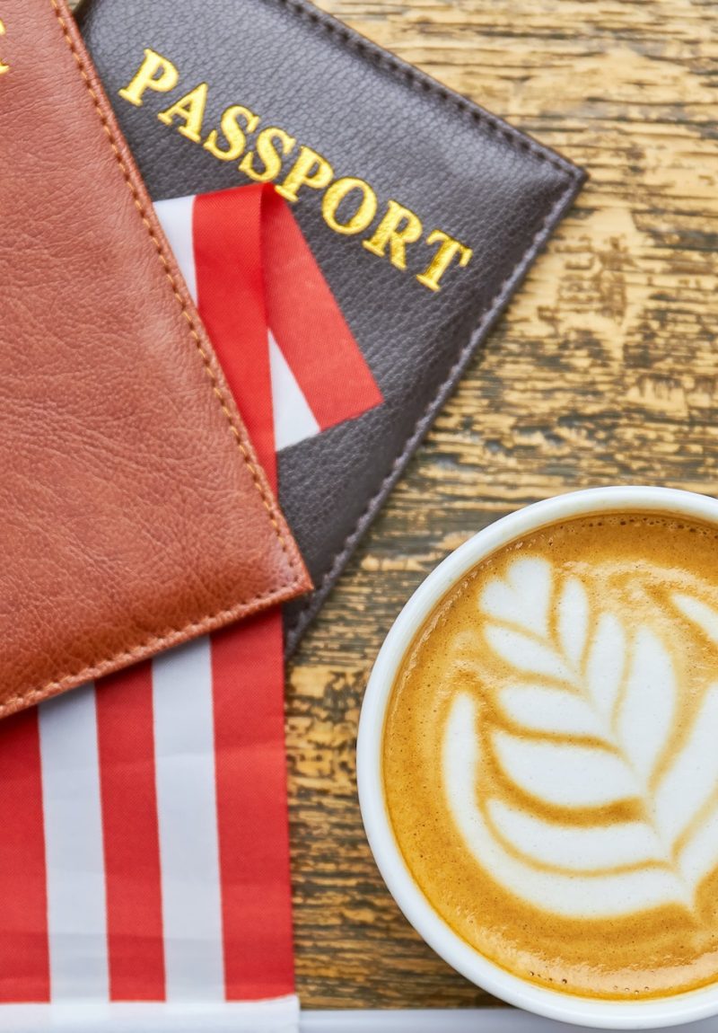 Coffee, passports and US flag