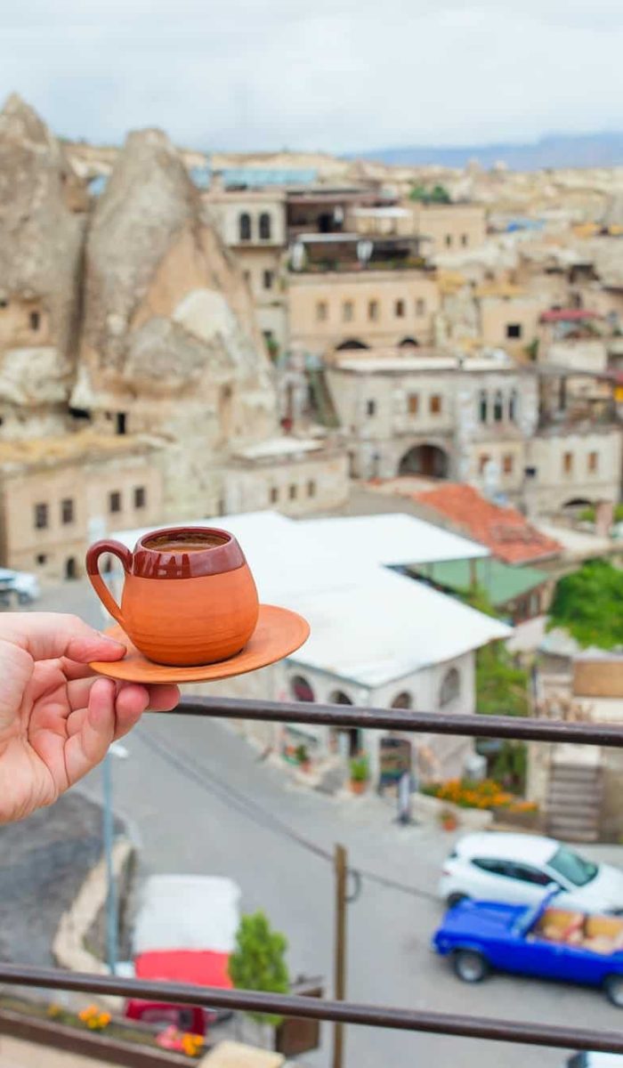 Cup With Traditional Turkish Coffee On A Background Of A Valley In Cappadocia, Turkey