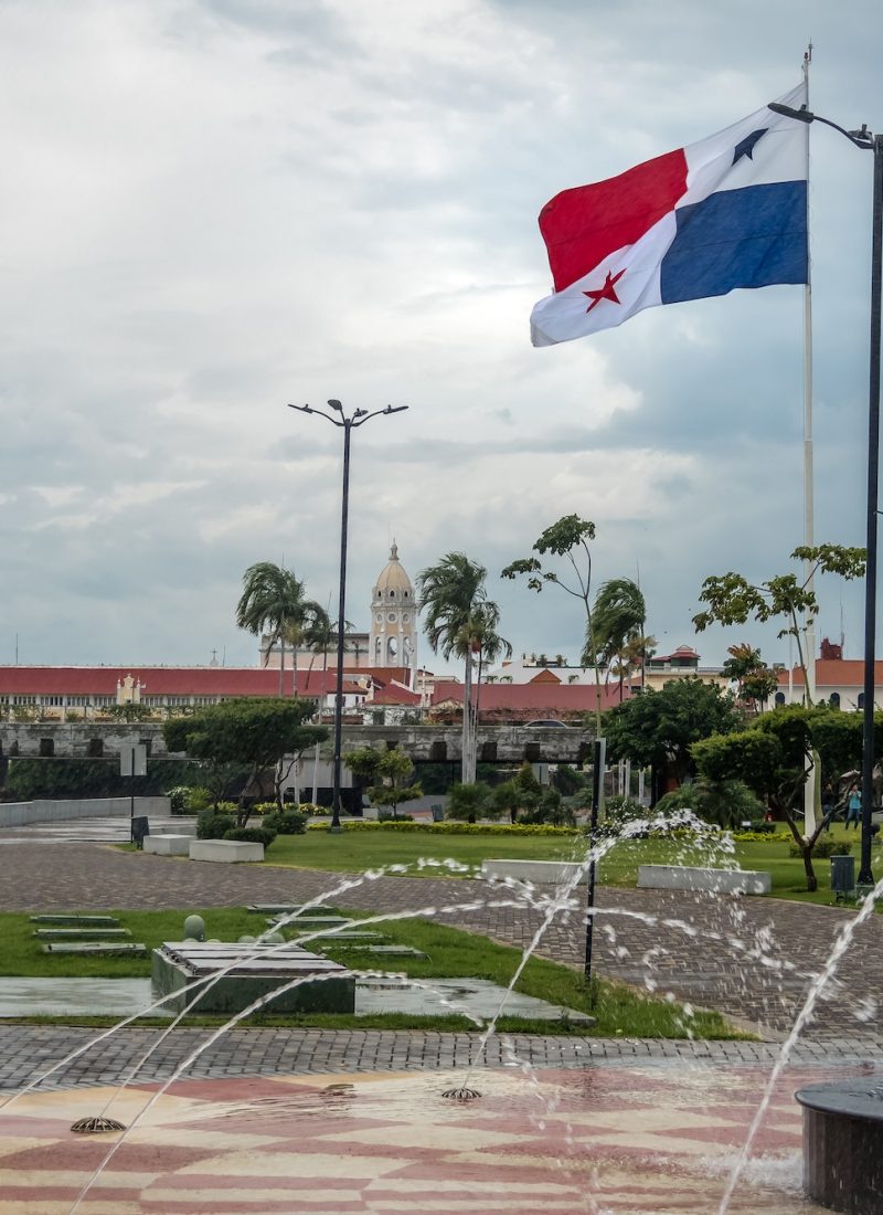 Fountain with country flag and Casco Viejo (Old City) - Panama City, Panama