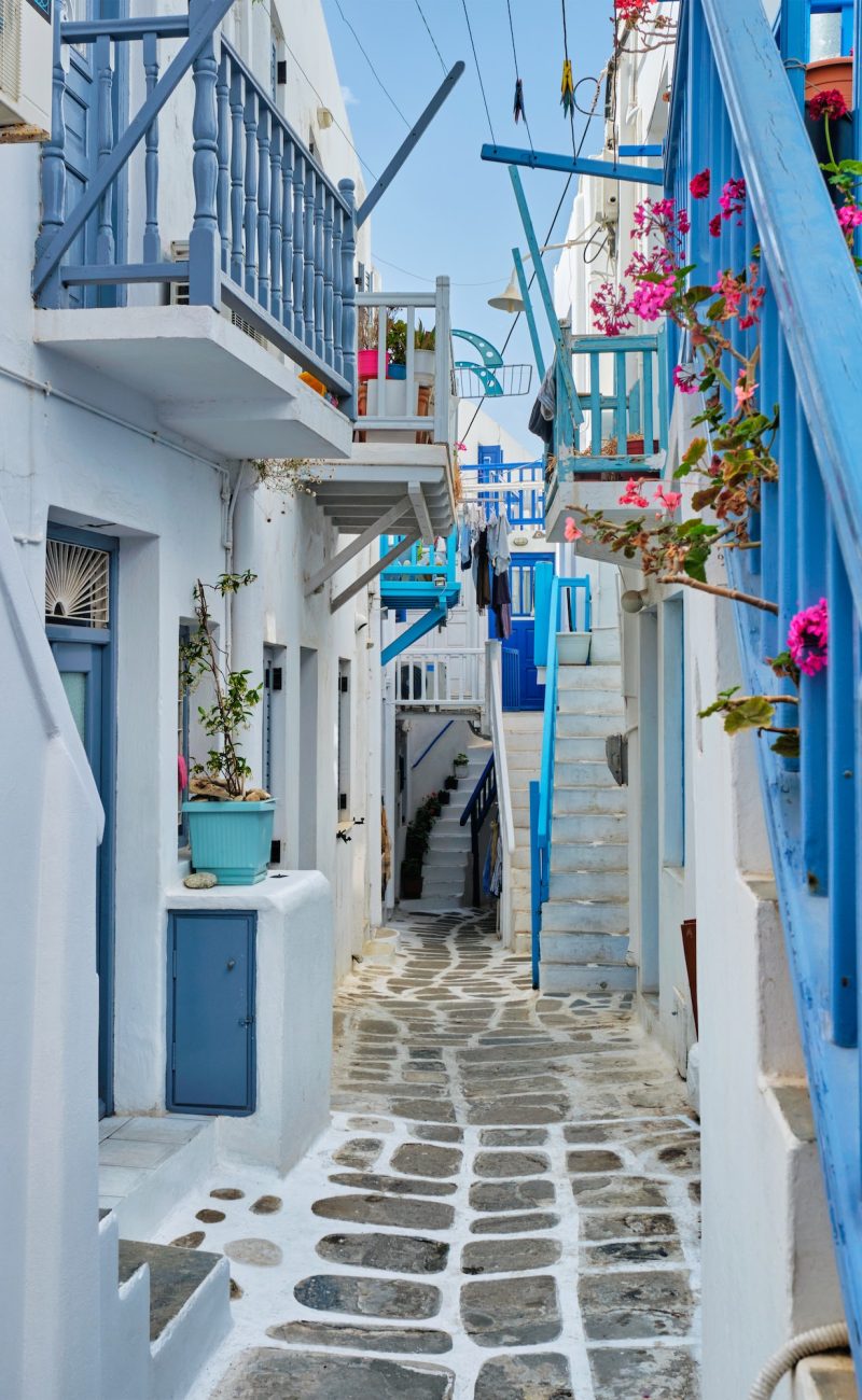 Greek Mykonos street on Mykonos island, Greece