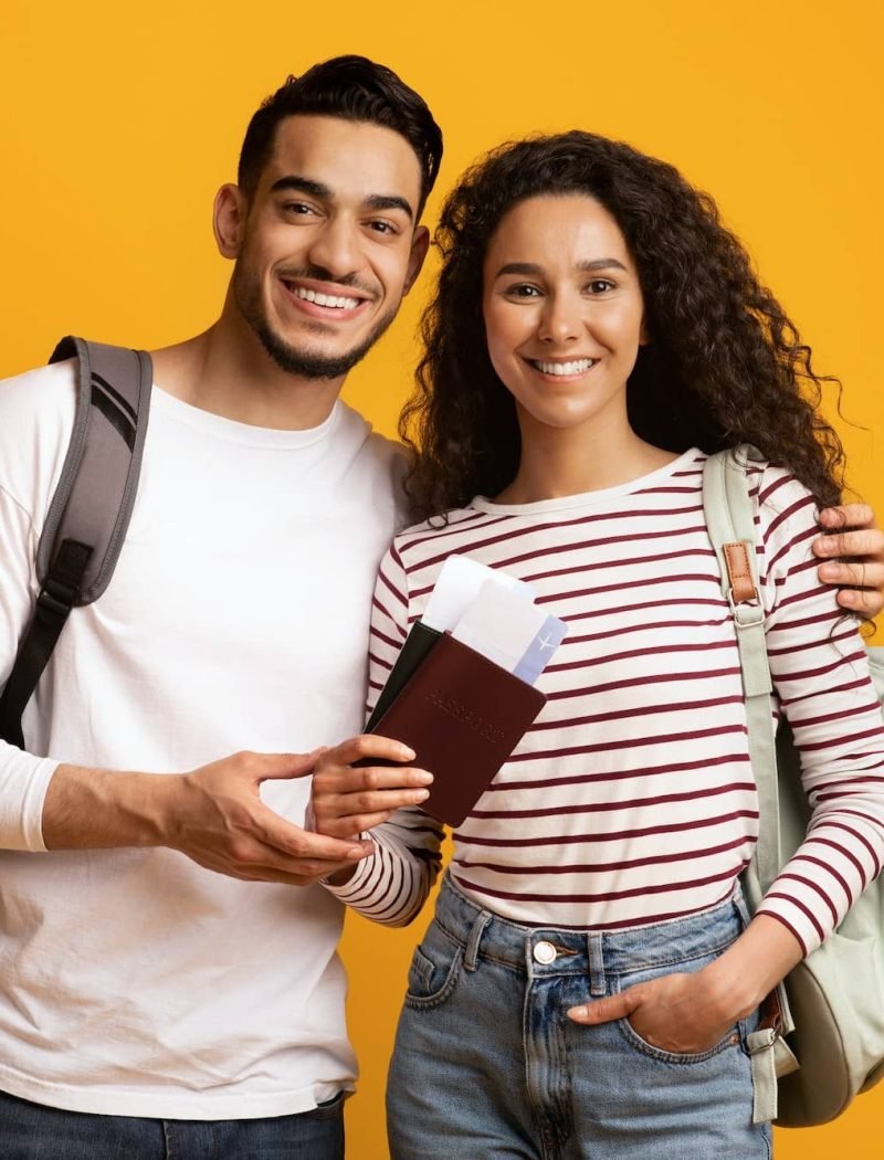 Happy Travellers. Smiling Arab Couple With Backpacks, Passports And Travel Tickets