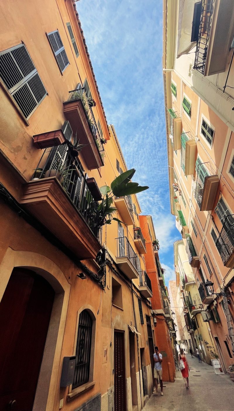 Old buildings on narrow street in Palma de Mallorca, Spain