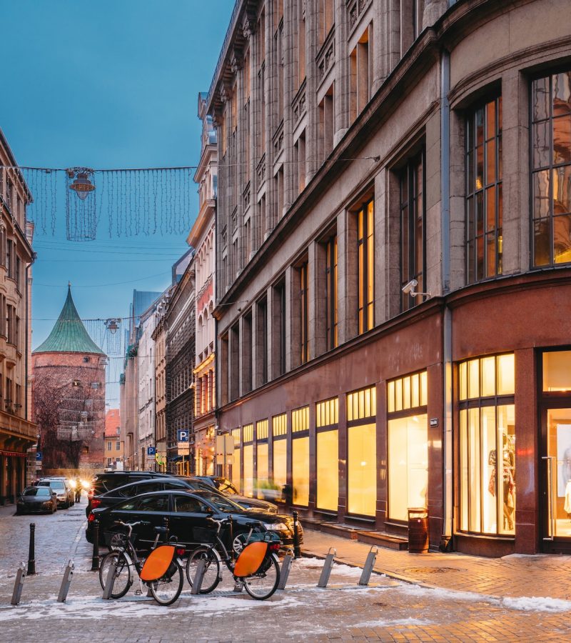 Riga, Latvia. Shop And Powder Tower On Valnu Street In Winter Ev