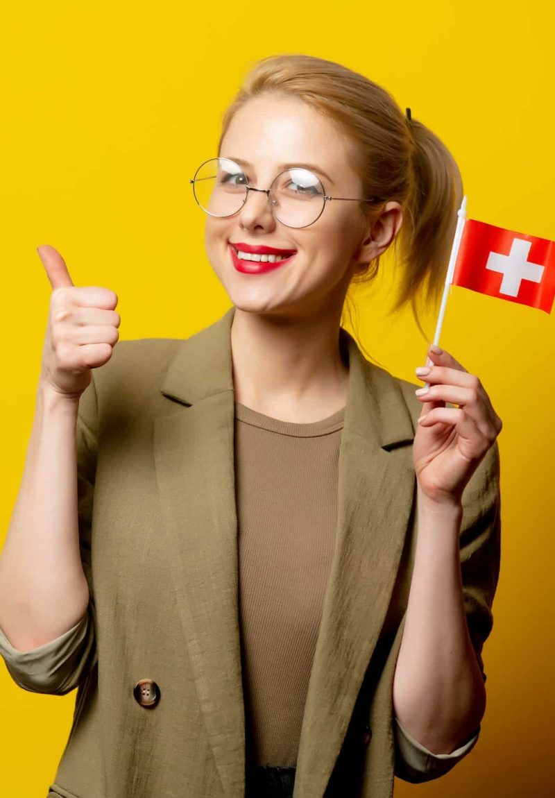 Style Blonde Woman In Jacket With Swiss Flag On Yellow Background