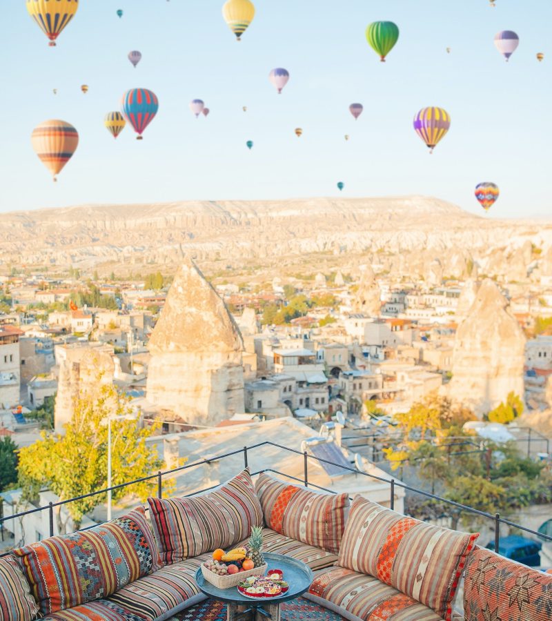 Traditional turkish breakfast with fruits with Cappadocia view