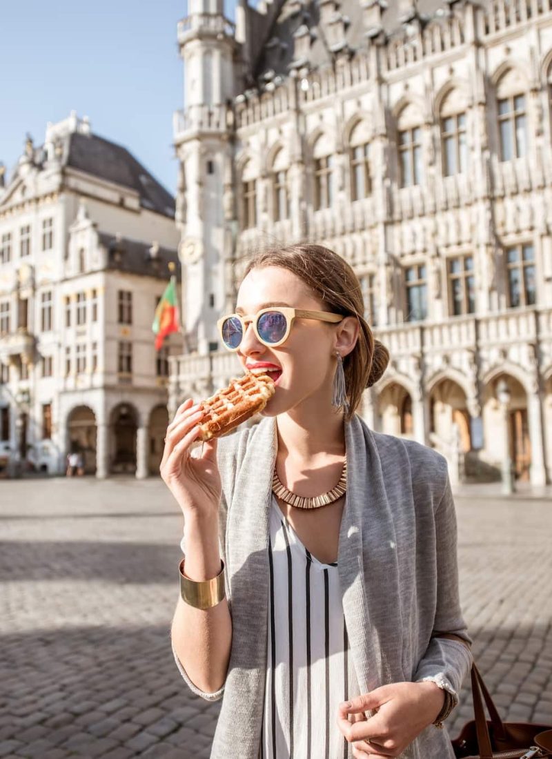 Woman With Belgian Waffle Outdoors